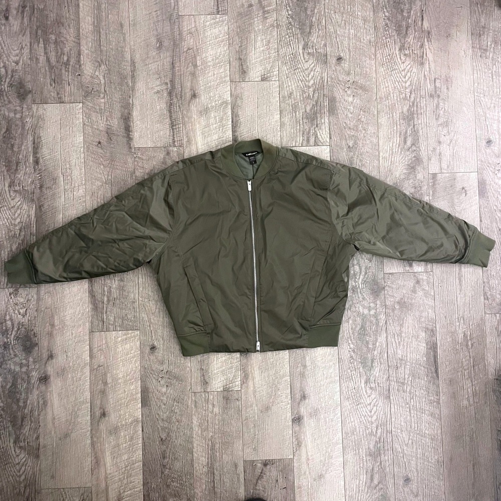 Athleta Womens Olive Green Oversized Bomber Jacket Full Zip Ribbed Trim Large